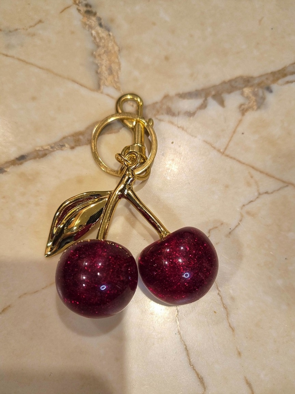 Cherry Keychain Bag Charm with Sparkling Deep Red Cherries